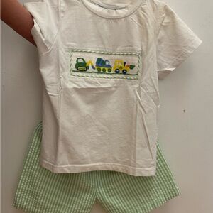 White Short-Sleeve Kids Tee with Green & Yellow Truck Smock